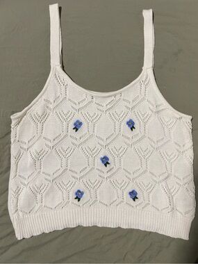 White Floral Knit Camisole with Blue Embroidery